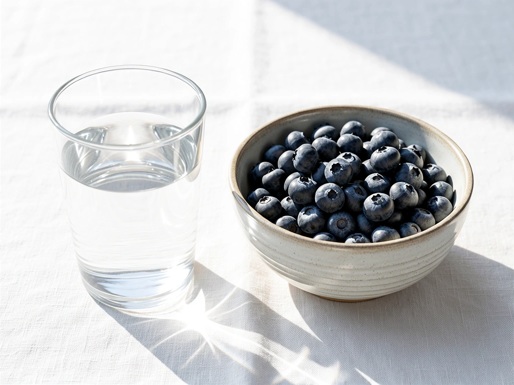 Lasillinen vettä ja marjoja auringonvalossa