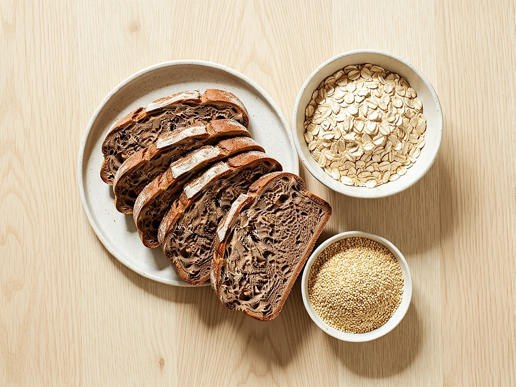 Täysjyväviljoja ja leipää pöydällä